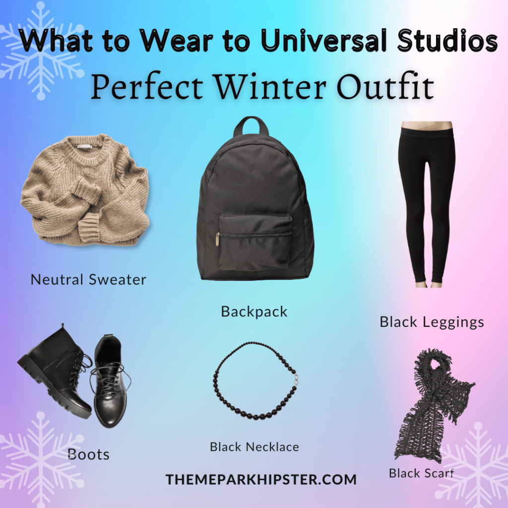 What to Wear to Universal Studios Hollywood brown sweater, black backpack, black leggings, boots, necklace and scarf.