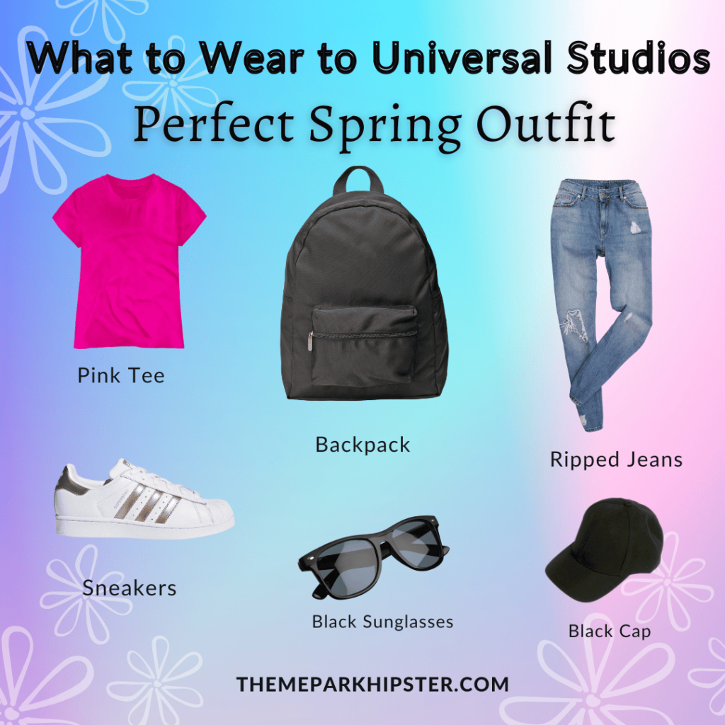 What to Wear to Universal Studios spring outfit with pink shirt, black backpack, jeans, white shoes, sunglasses, and black cap.