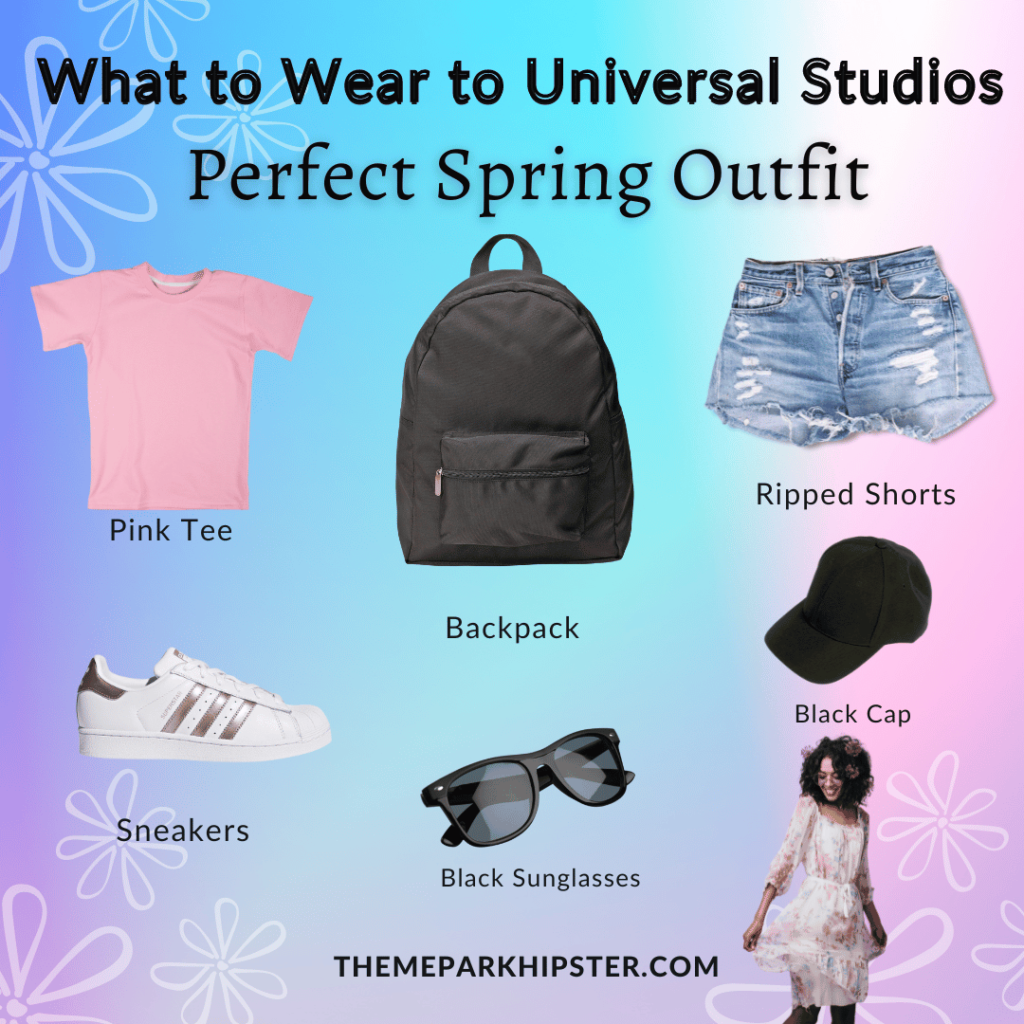 What to Wear to Universal Studios spring outfit with pink shirt, black backpack, jean shorts, sneakers, black sunglasses, and sun dress.