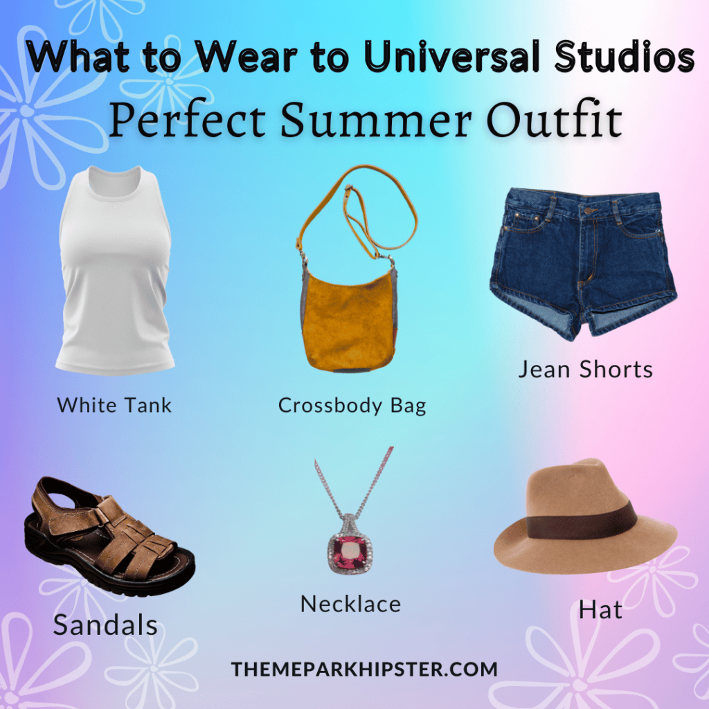 What to Wear to Universal Studios Hollywood with white tank, brown crossbody bag, jean shorts, sandals, necklace and brown hat.