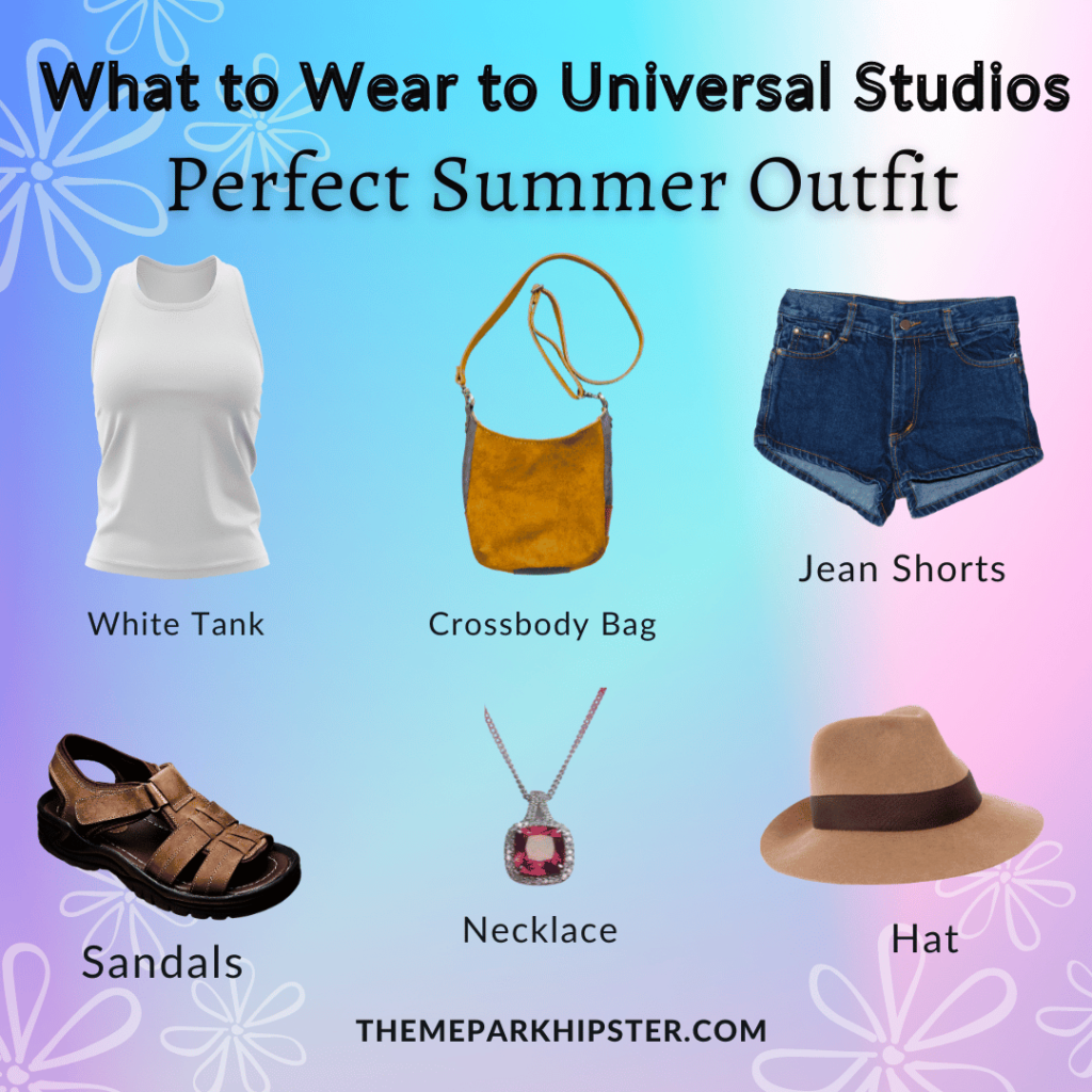 What to Wear to Universal Studios Florida in July with white tank, brown crossbody bag, jean shorts, sandals, necklace and brown hat. Keep reading to get the guide to 4th of July at Universal Studios on Independence Day.