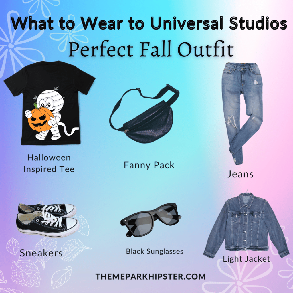 What to Wear to Universal Studios Hollywood with Halloween shirt, fanny pack, jeans, black sneakers, sunglasses, jean jacket.
