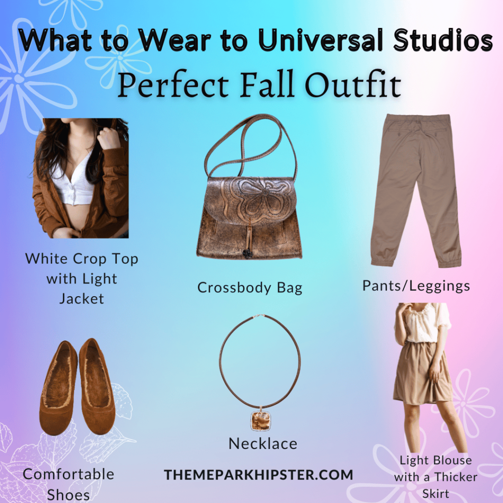 What to Wear to Universal Studios fall outfit white crop shirt with brown jacket, brown crossbody bad, pants, shoes, necklace and skirt.