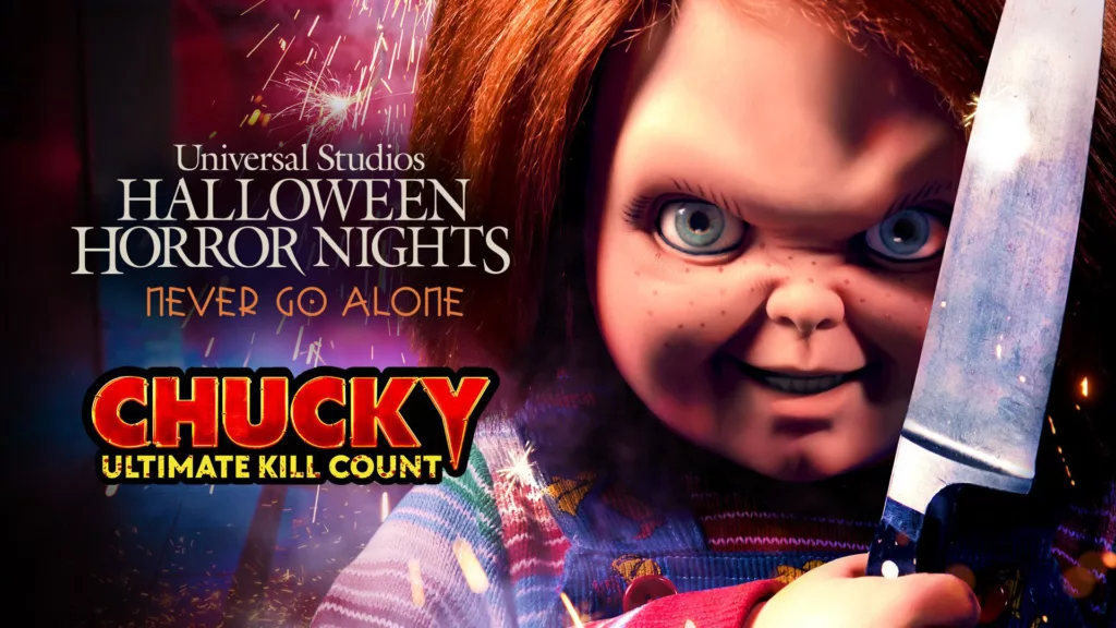 Poster of Universal Studios Halloween Horror Nights 2023  Chucky Ultimate Kill Count with signature Chucky holding a knife. Keep reading to see if the Halloween Horror Nights Express Pass is worth it.  