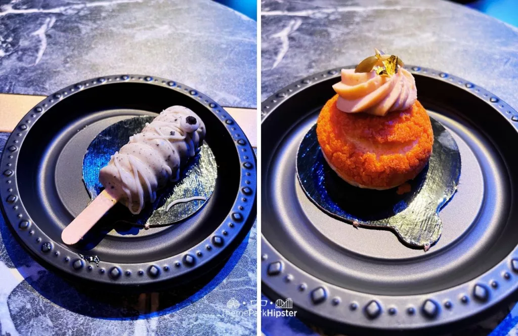 Mini Oreo Mummy Pop and Mini Pumpkin Dulce de Leche Puff at Universal Orlando Resort during Halloween Horror Nights a Taste of Terror HHN. Keep reading to discover more about Halloween at Universal. 