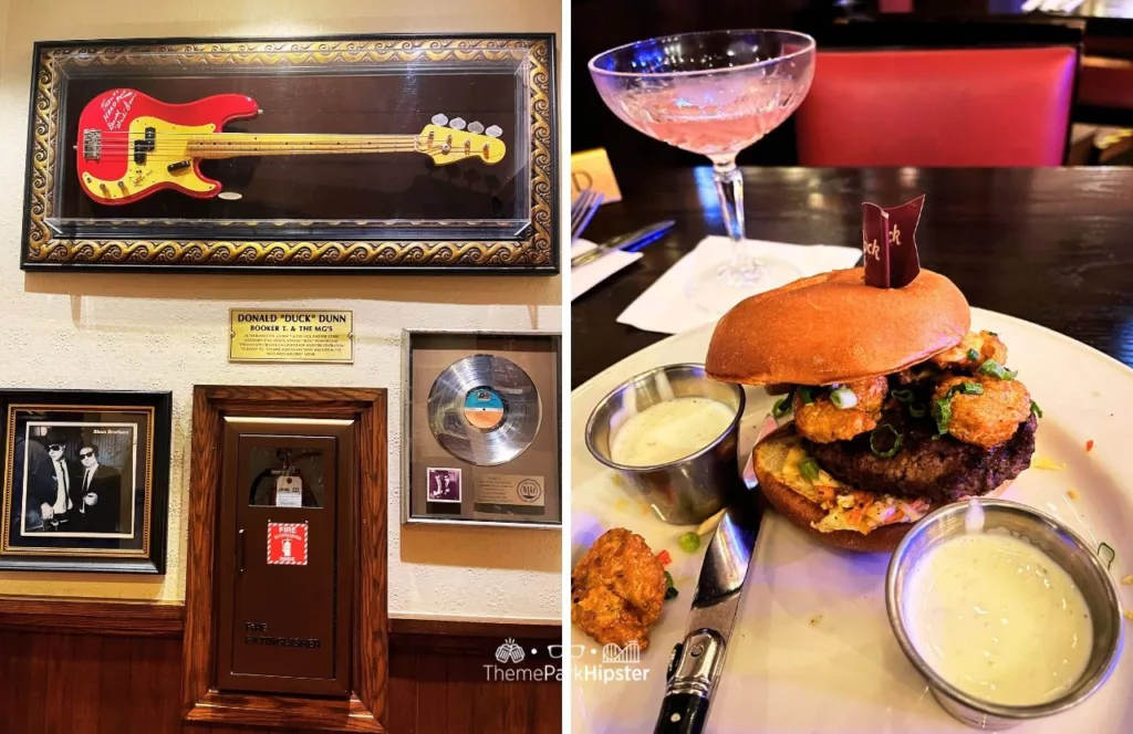 Universal Orlando Resort Hard Rock Cafe Bar Area Cosmo and Surf and Turf Burger with Blues Brothers Guitar