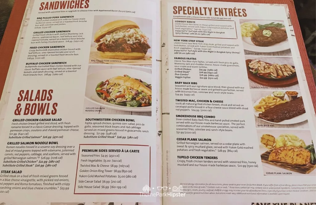Universal Orlando Resort Hard Rock Cafe Menu