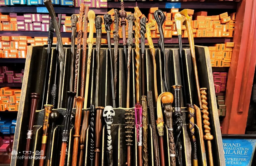 Universal Orlando Resort Wizarding World of Harry Potter Merchandise showcasing Ollivander Wands.  Keep reading to find out the best things to do on your Universal Studios solo trip.