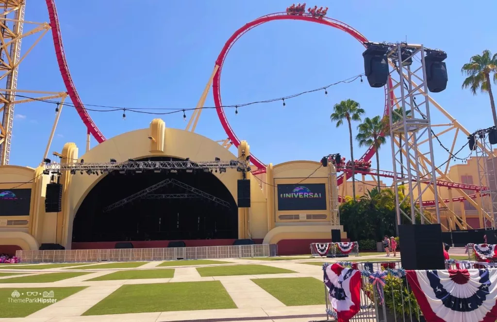 Universal Studios Florida Veterans Day decor near Hollywood Rip Ride Rockit Roller Coaster