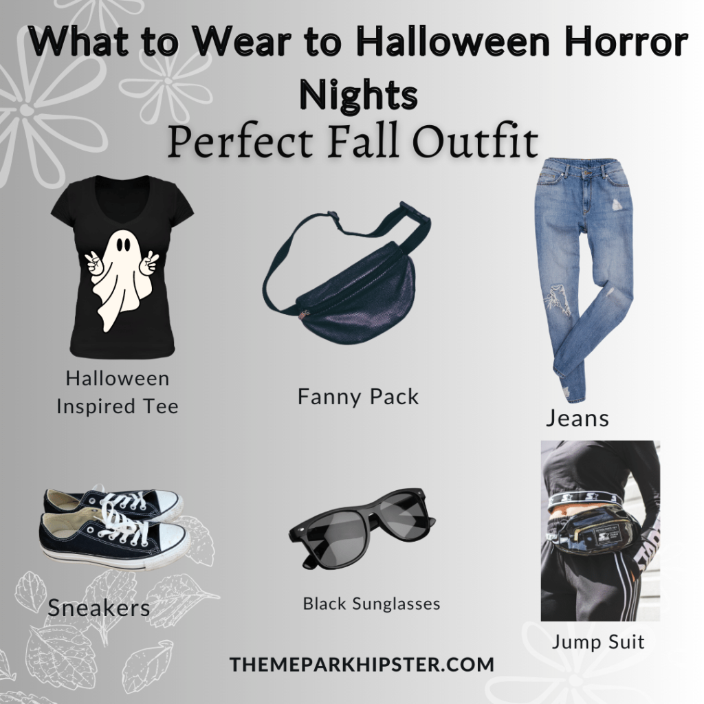 What to wear to Halloween Horror Nights outfit ideas for women of black t-shirt with ghost fanny pack, jeans, sneakers, sunglass, and jumpsuit. Keep reading to see what to wear to Halloween Horror Nights.