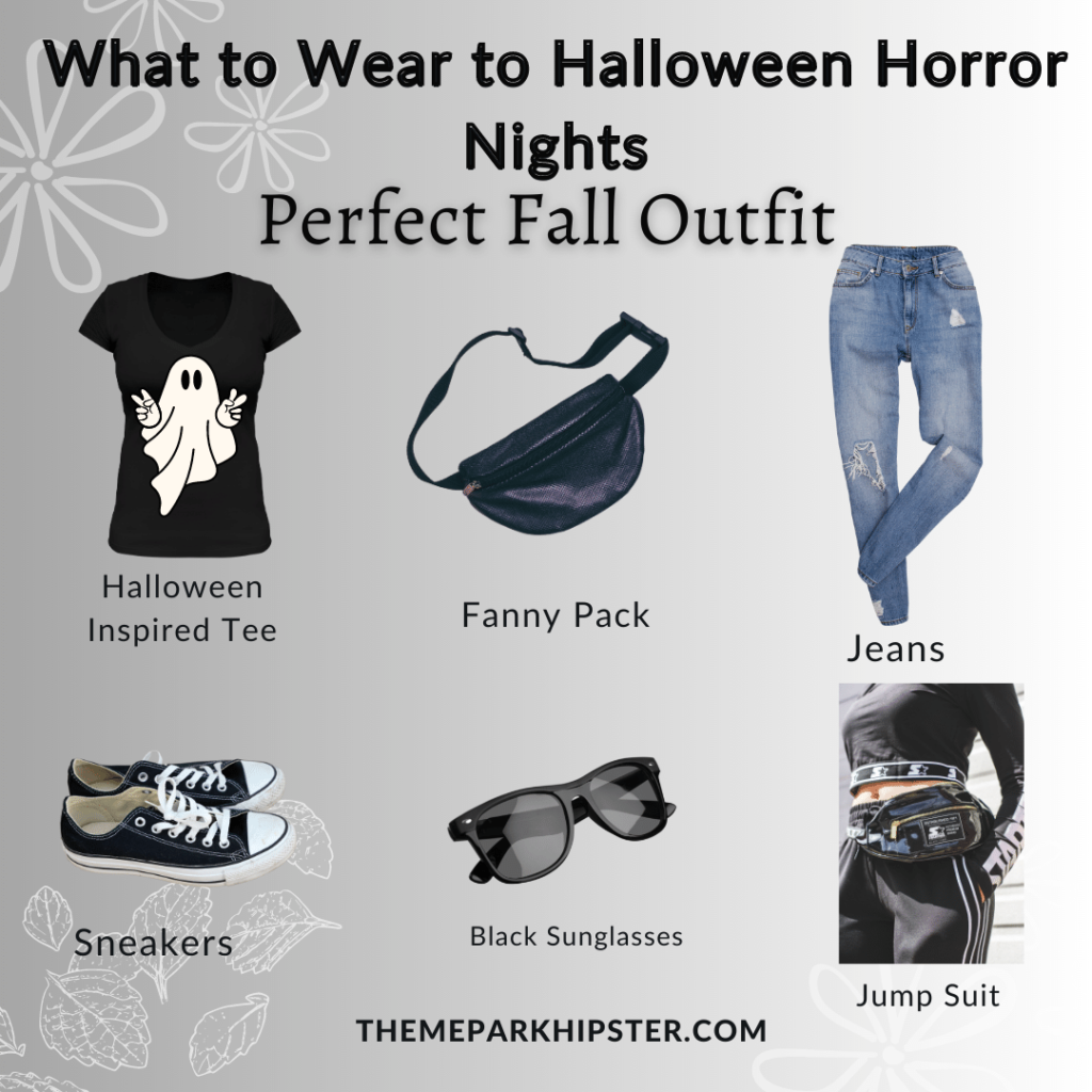 2024 What to wear to Halloween Horror Nights outfit ideas for women of black t-shirt with ghost fanny pack, jeans, sneakers, sunglass, and jumpsuit. Keep reading to see what to wear to Halloween Horror Nights.