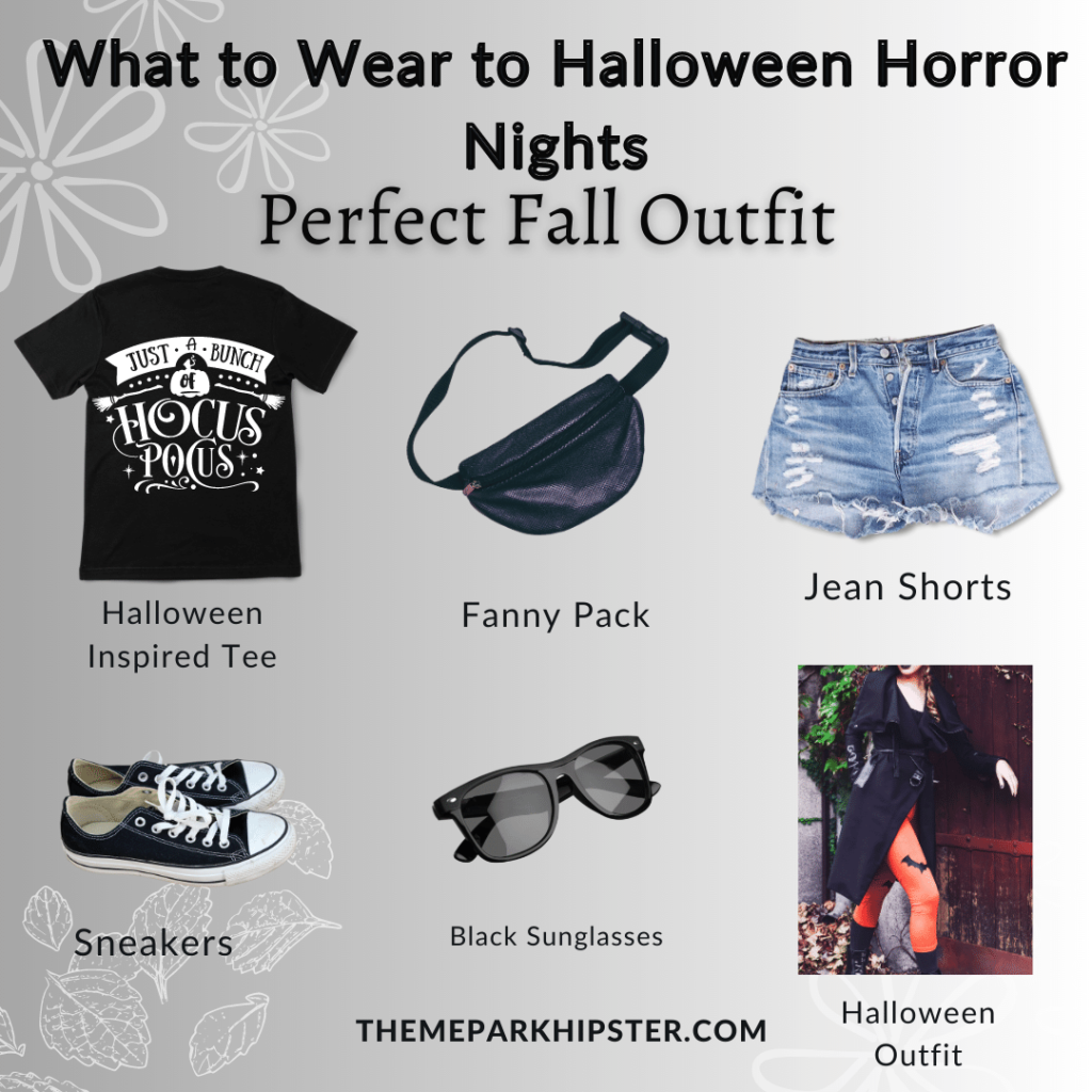 What to Wear to Halloween Horror Nights Black TShirt Fanny Pack Jean Shorts Sneakers Sunglasses and Halloween Outfit