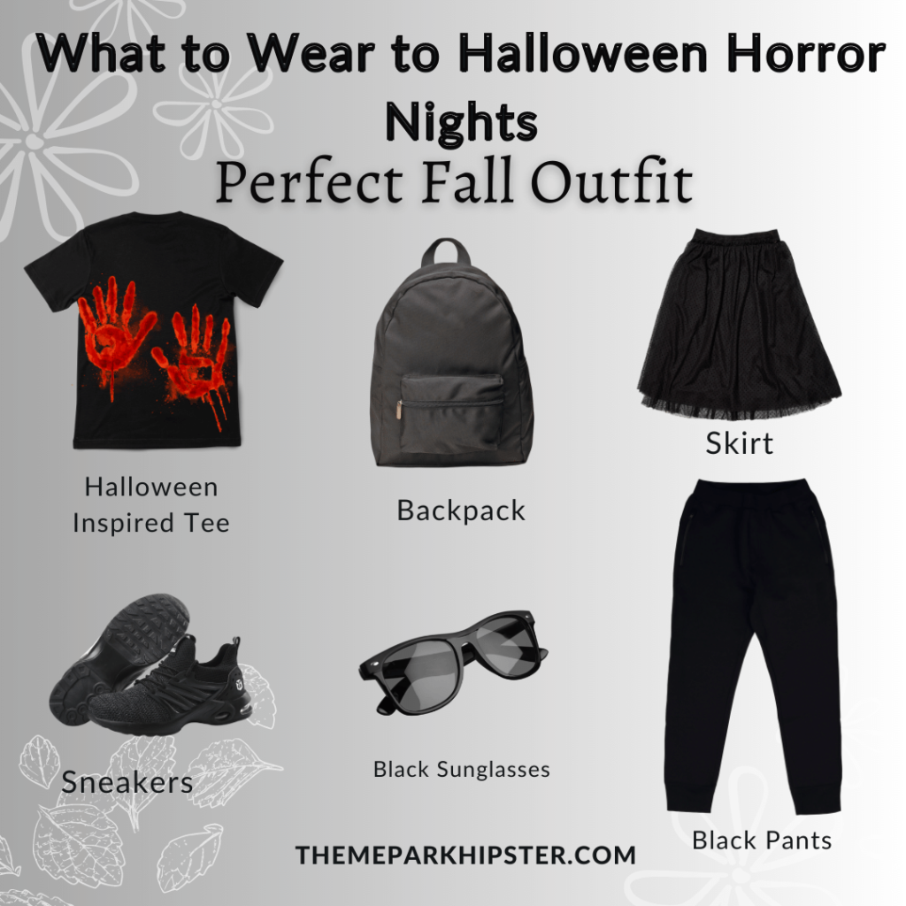 What to wear to Halloween Horror Nights outfit inspo of black t-shirt, backpack, skirt, pants, sneakers, and sunglasses. Keep reading to discover what to wear to Halloween Horror Nights.