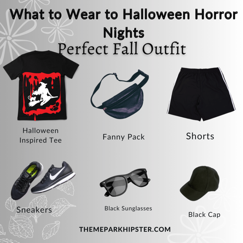 What to wear to Halloween Horror Nights outfit inspo for men showing a black and red t-shirt, witch, fanny pack, shorts, sneakers, sunglasses, and cap. Keep reading to learn what to wear to Halloween Horror Nights.