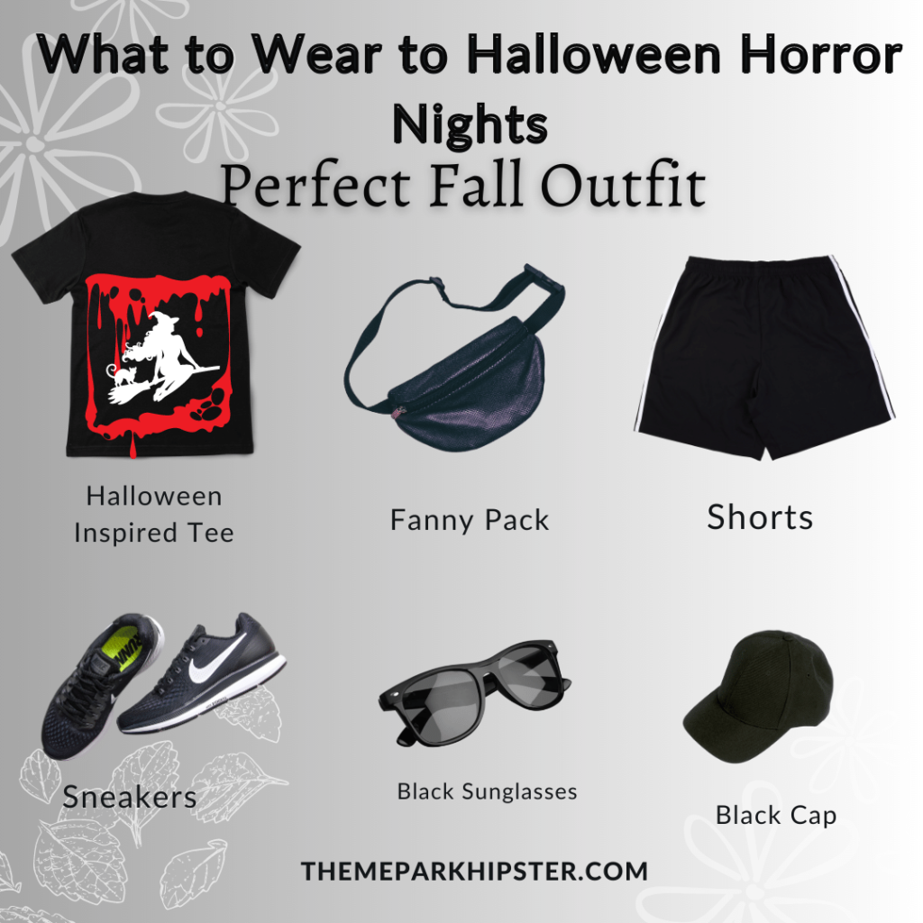 2024 What to wear to Halloween Horror Nights outfit inspo for men showing a black and red t-shirt, witch, fanny pack, shorts, sneakers, sunglasses, and cap. Keep reading to learn what to wear to Halloween Horror Nights.