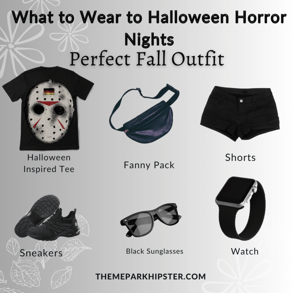 2024 What to wear to Halloween Horror Nights outfit suggestions for women of Jason t-shirt, fanny pack, shorts, sneakers, sunglasses, and watch. Keep reading to learn what to wear to Halloween Horror Nights.