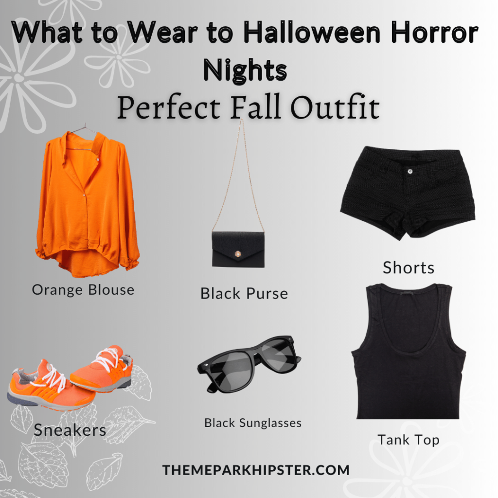 What to wear to Halloween Horror Nights outfit inspo for women showing an orange blouse with black purse, shorts, tank top, sneakers, and glasses. Keep reading to see what to wear to Halloween Horror Nights.