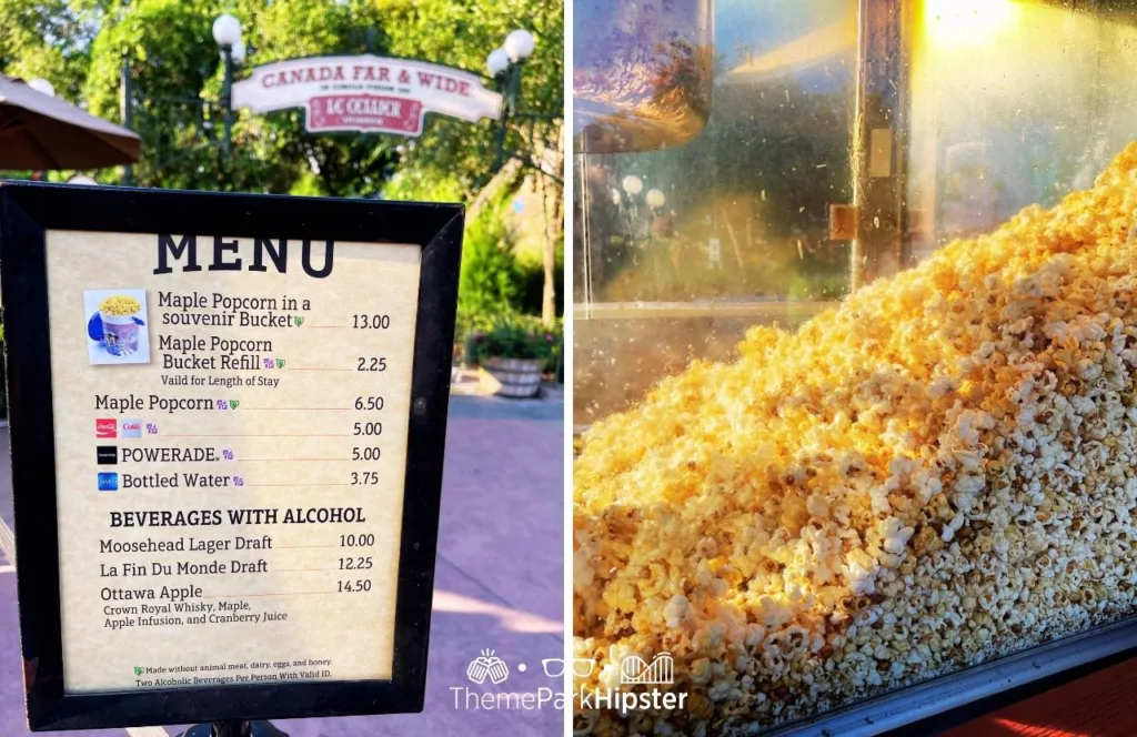 2023 Epcot Food and Wine Festival at Disney Canada Pavilion Maple Popcorn Bucket and Ottawa Apple menu. One of the best snacks at EPCOT. 