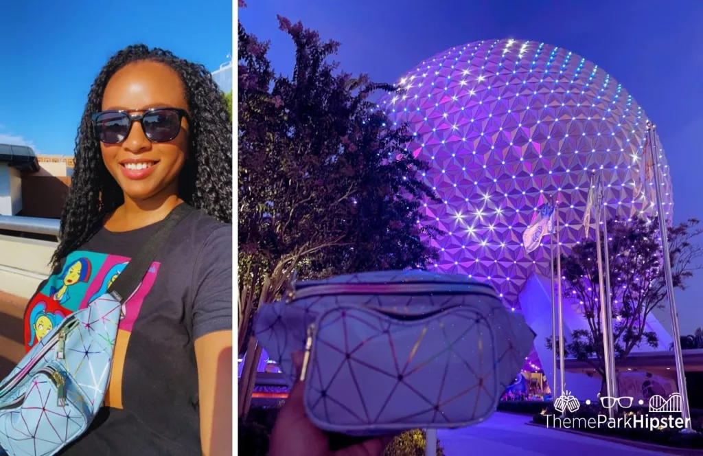 Epcot Food and Wine Festival at Disney Fanny Pack with NikkyJ and Spaceship Earth on my amusement park packing list.