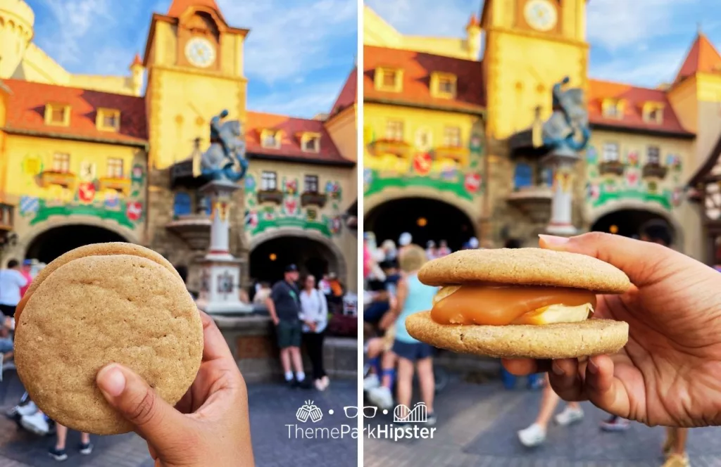 2023 Epcot Food and Wine Festival at Disney Germany Pavilion Karamell Kuche Wether's Sweet Shop Snickerdoodle Sandwich. One of the best snacks at EPCOT. 