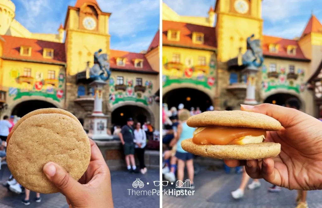 2023 Epcot Festival of the Holidays at Disney Germany Pavilion Karamell Kuche Wether's Sweet Shop Snickerdoodle Sandwich. One of the best Disney World Christmas snacks and treats to eat!