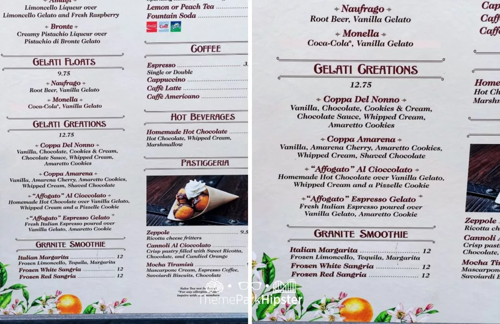 2023 Epcot Food and Wine Festival at Disney Italy Pavilion Gelateria Toscana Menu. One of the best snacks at EPCOT.
