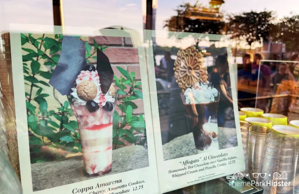 2023 Epcot Food and Wine Festival at Disney Italy Pavilion Gelateria Toscana Menu Coppa Amarena and Affogato Al Cioccolato. One of the best snacks at EPCOT.