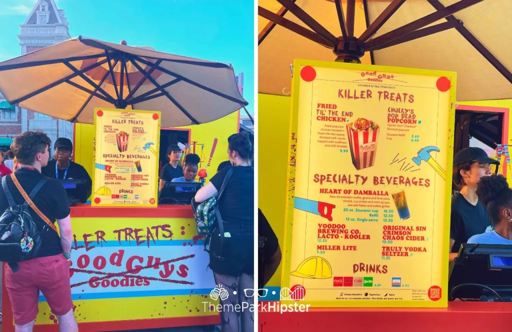 Chucky Good Guy Food menu and food stand with theme park guests in line to order at 2023 Halloween Horror Nights HHN 32 Universal Studios Orlando.  Keep reading to learn more about Halloween Horror Nights Stay and Scream.