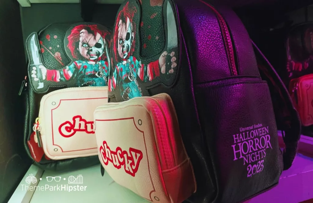 Chucky Loungefly Bag from the Comic Book Tribute Store during 2023 Halloween Horror Nights HHN 32 Universal Studios Orlando. Keep reading to find out more about Halloween at Universal. 