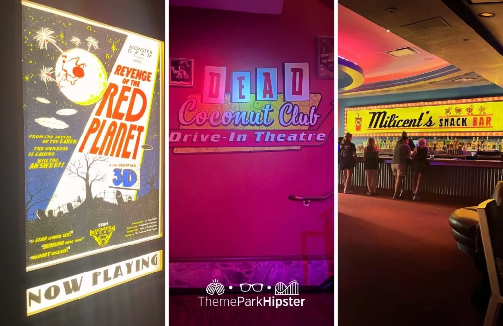 Dead Coconut Club Drive-IN Theater sign, Revenge of the Red Planet 3D sign and theme park guests standing at Milicent's Snack Bar during at the 2023 Halloween Horror Nights HHN 32 at Universal Studios Orlando.
Keep reading to learn more about Halloween at Universal.