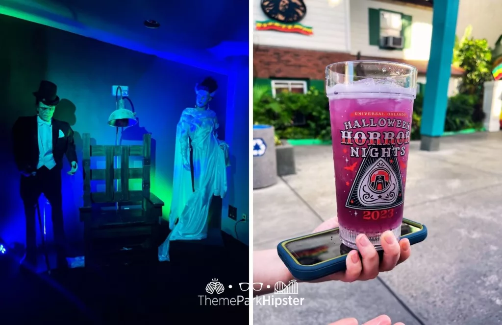 Double photo of a spooky Halloween scene of Frankenstein in a suit, an electric chair and the bride of Frankenstein and a Halloween Horror Nights. Keep reading to find out more about Halloween at Universal. 