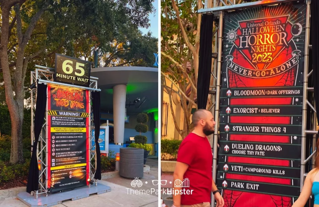2023 Halloween Horror Nights HHN 32 Universal Studios Orlando Houses and Oddfellow Entrance showing wait time. Keep reading to discover more about Halloween Horror Nights Stay and Scream.