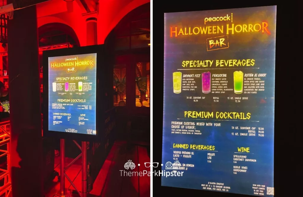 2023 Halloween Horror Nights HHN 32 Universal Studios Orlando Peacock Bar Menu