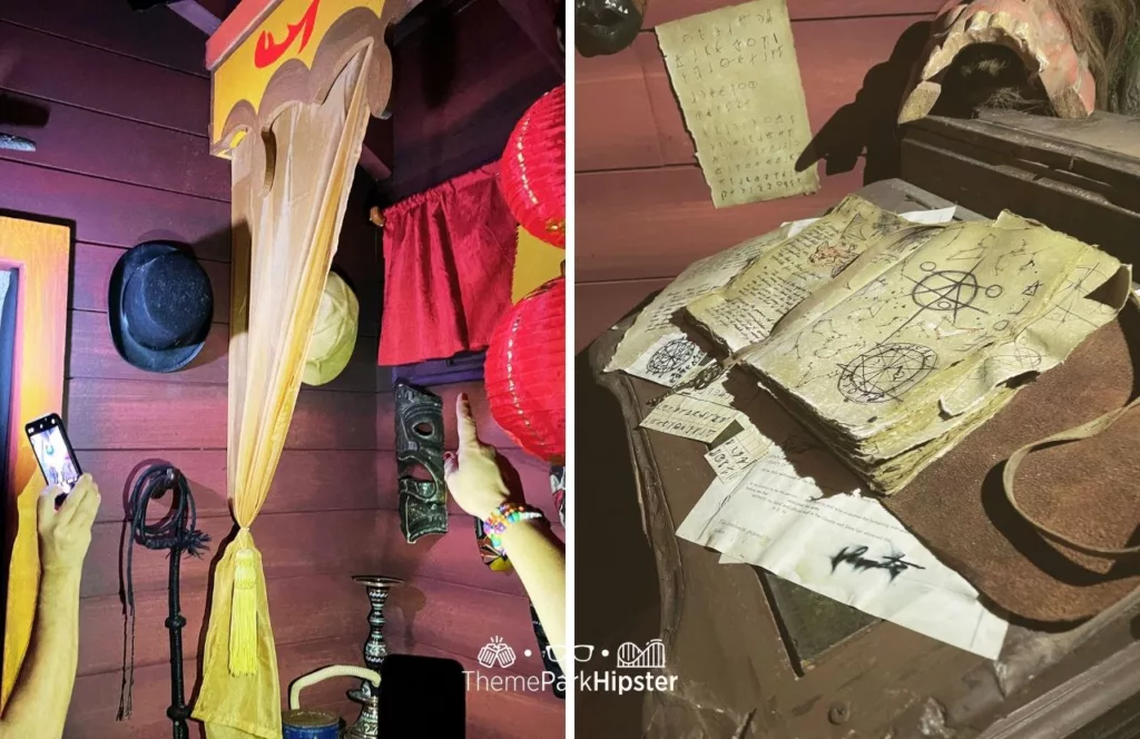 2023 Halloween Horror Nights Unmasking the Horror Tour Lights on at HHN 32 Universal Studios Florida Dr. Oddfellow's Two Hats one for Ring Master and One for Discoverer
