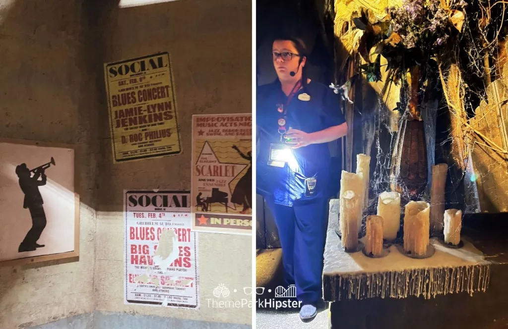 Tour guide showing The Darkest Deal House of candles covered in dripping wax and vintage worn down poster signs during the Unmasking the Horror Tour Lights at HHN 32 at Universal Studios, Florida. Keep reading to find out more about Halloween at Universal. 