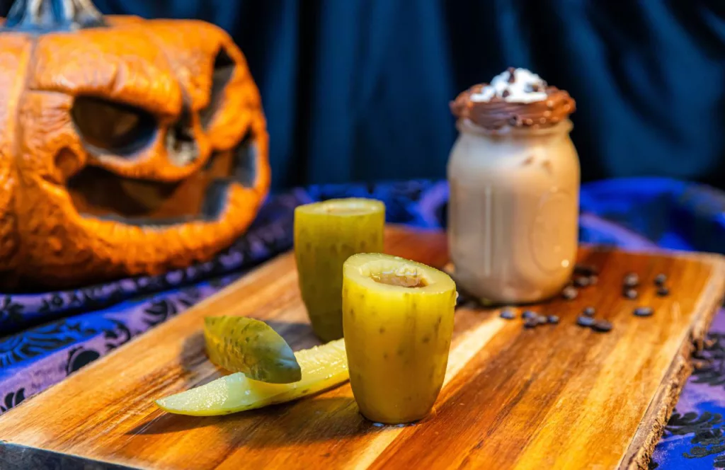 2023 Knott's Scary Farm at Knott's Berry Farm in California Judge Roy Bean Pickle Shot and Chocolate Milkshake