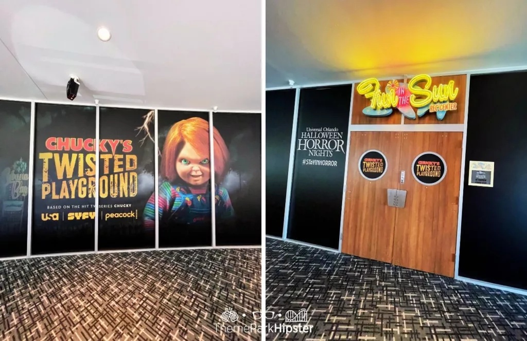Halloween Horror Nights 2023 Bar and Swizzle Lounge at Cabana Bay Beach Resort at Universal Orlando with a display of Chucky's Twisted Playground. Keep reading to discover more about Halloween at Universal.  