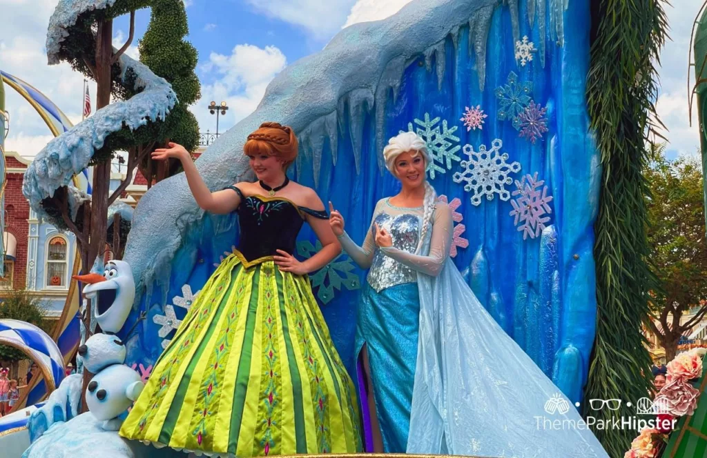 Fun Magic Kingdom Theme Park Secrets with the Festival of Fantasy Parade Frozen with Anna and Princess Elsa. Choose this Disney park when figuring out how many days at Disney World and if 4 days is enough for Disney World.