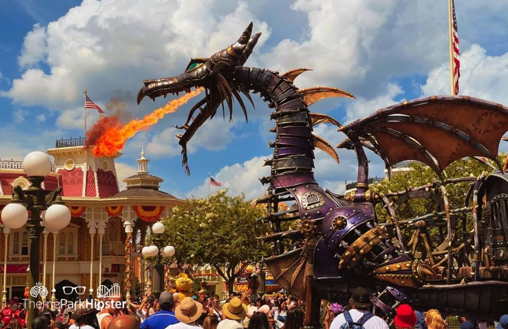 Disney Magic Kingdom Theme Park Festival of Fantasy Parade Sleepy Beauty and Maleficent Fire Breathing Dragon. One of the best shows at the Magic Kingdom to watch. 