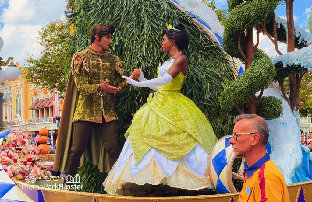 Disney Magic Kingdom Theme Park Festival of Fantasy Parade with Princess Tiana of the Princess and the Frog. One of the best Black movies on Disney Plus.