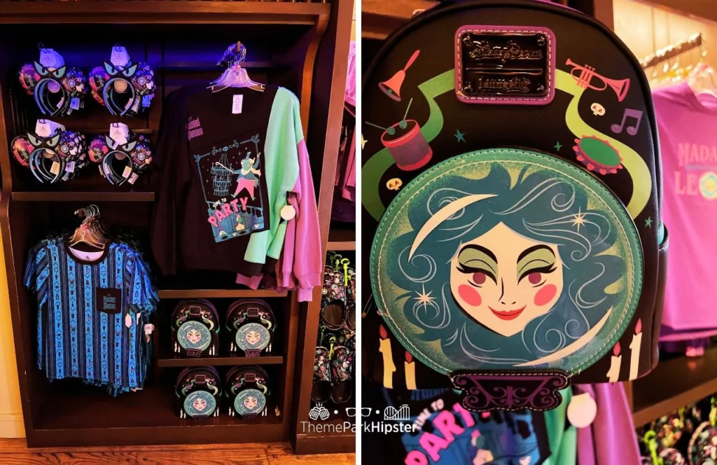 Disney Memento Mori Store Haunted Mansion Merchandise at Magic Kingdom Theme Park Ears Shirt and Loungefly Madame Leota Bag
