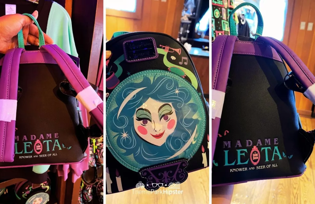 Disney Memento Mori Store Haunted Mansion Merchandise at Magic Kingdom Theme Park Madame Leota Loungefly Backpack Bag. Keep reading for more Disney Haunted Mansion Merchandise Gift Ideas.
