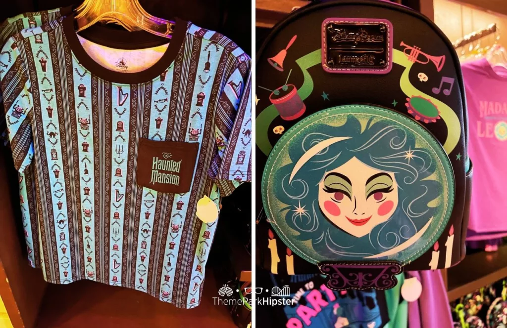 Disney Memento Mori Store Haunted Mansion Merchandise at Magic Kingdom Theme Park Shirt and Madame Leota Loungefly Backpack Bag. Keep reading for more Disney Haunted Mansion Merchandise Gift Ideas.