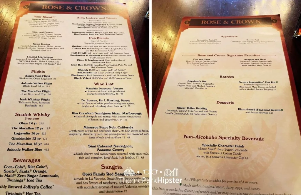 Epcot Rose and Crown Pub Restaurant in UK Pavilion Menu. One of the best Restaurants at Epcot.  