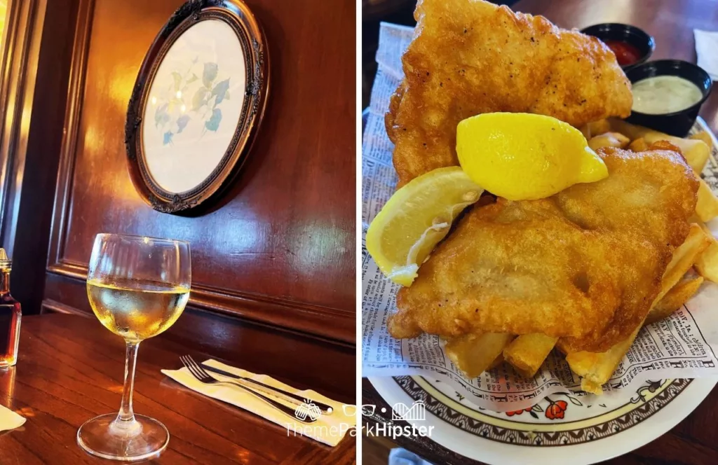 Epcot Rose and Crown Pub Restaurant in UK Pavilion Wine with Fish and Chips. One of the best snacks at EPCOT. 