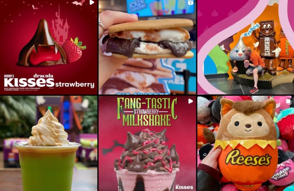 Hershey’s Chocolate World Instagram Page showcasing Hershey's Kisses Dracula strawberry, Fangtastic strawberry milkshake, whipped topping beverage, a Reeses stuffed character,  and theme park guest with Hershey characters. Keep reading to find out more about the best things to do around Hersheypark.