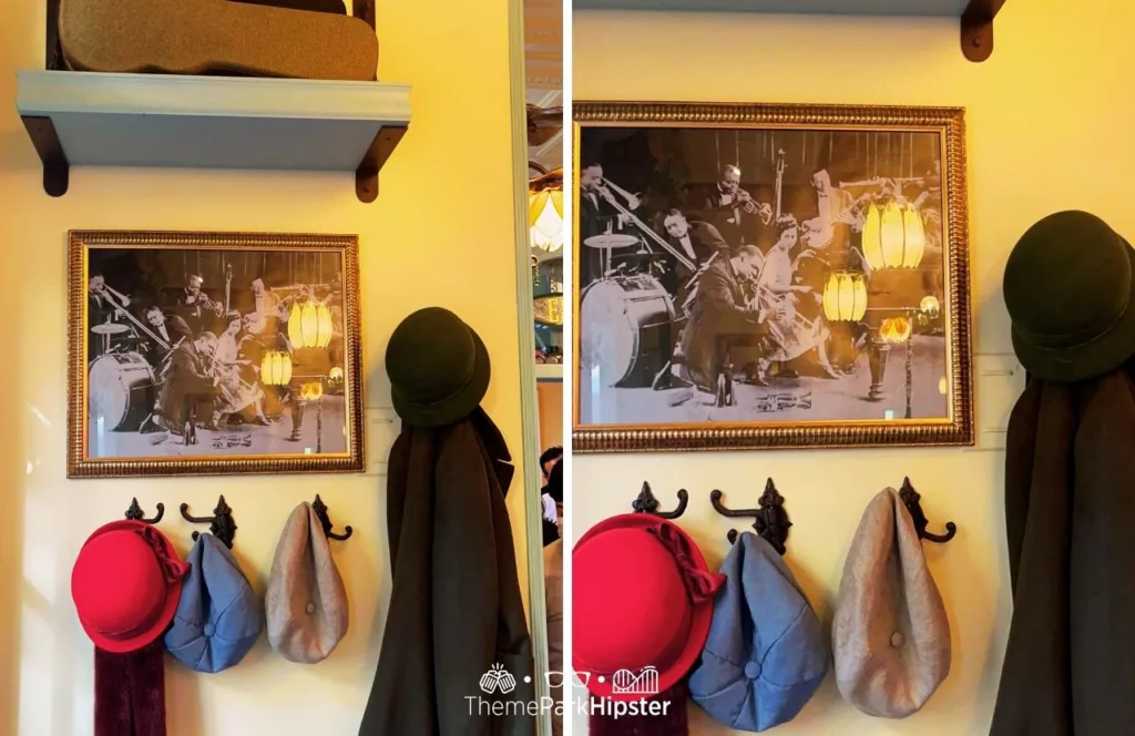Coat rack with jacket and hats, including a hat and coat that belonged to Tiana at Princess and the Frog Tiana's Palace Restaurant at Disneyland. Keep reading to find out more about Tiana’s Palace food.