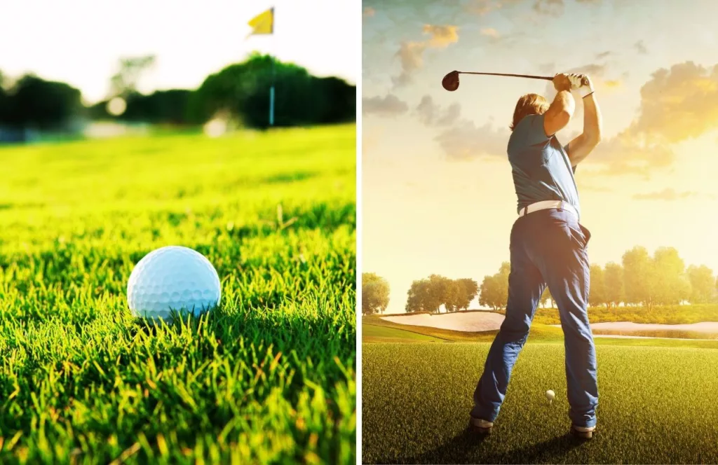 Double photo of a golf ball on the golf course and golfer swinging his club on the golf course. Keep reading to discover all great things to do near Hersheypark. 