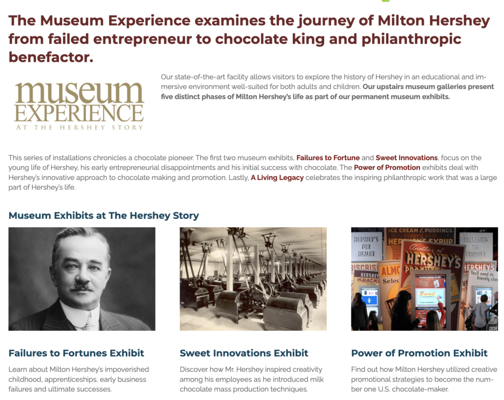 Photo of the The Museum Experience at The Hershey Story Museum giving a description with photos of the Museum Exhibits at The Hershey Story. Keep reading to find out all the best things to do near Hersheypark. 