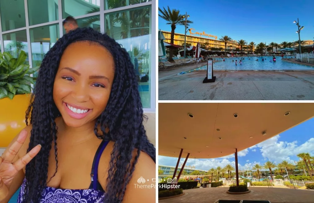 Cabana Bay Beach Resort Hotel at Universal Orlando Pool area with NikkyJ. Keep reading to know which is better Disney World vs Universal Studios.